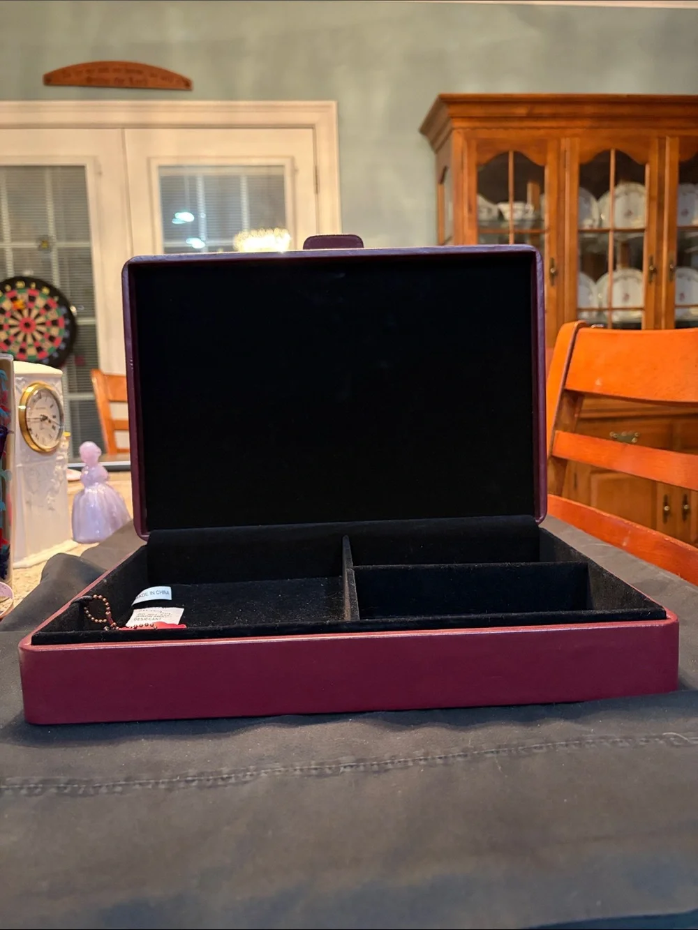 Jewelry or keepsake Case - Burgundy leather 3 compartments. 14x9 1/2x3